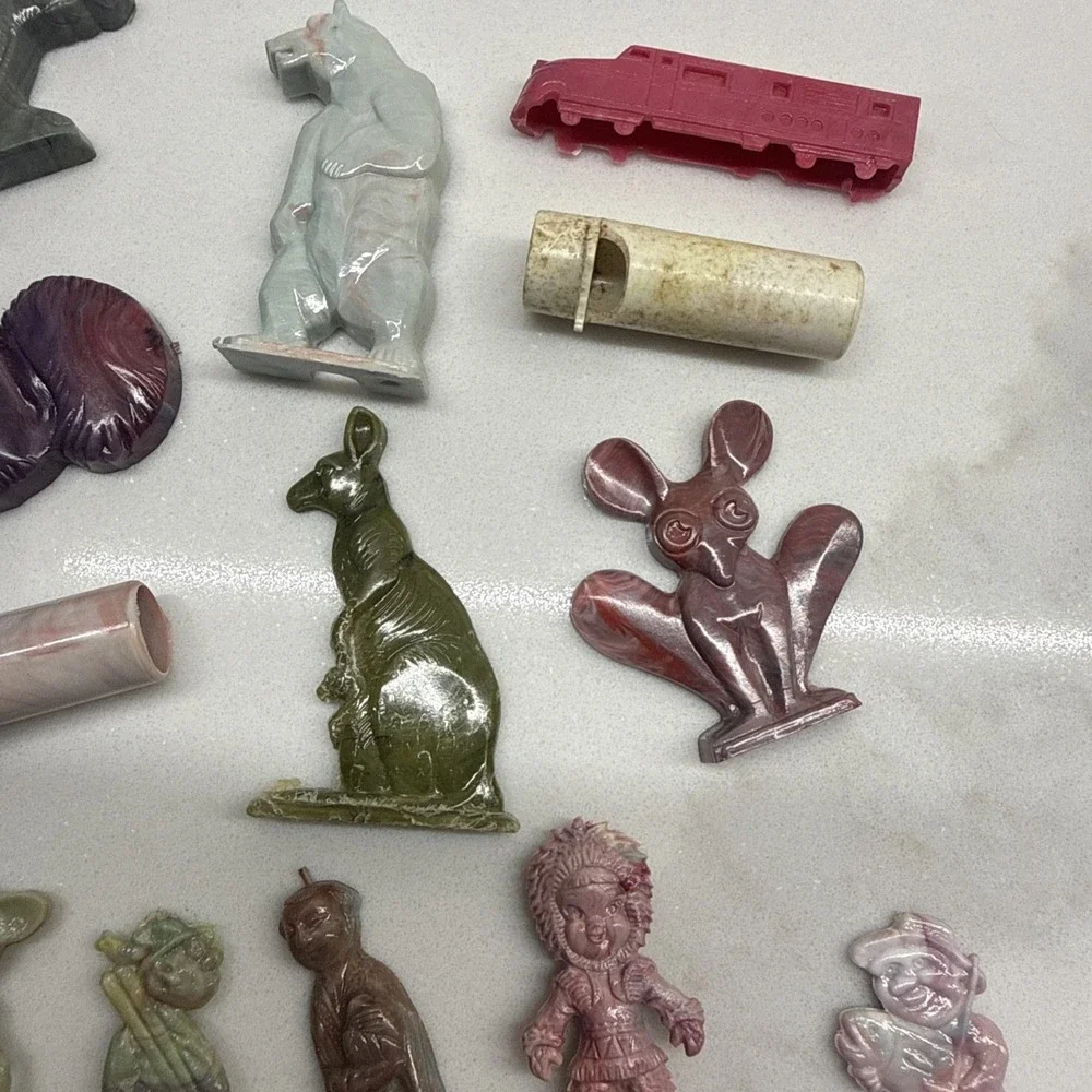 Early Vintage Cracker Jack Prize Charms Lot Whistles Figures Animals 1940s–60s